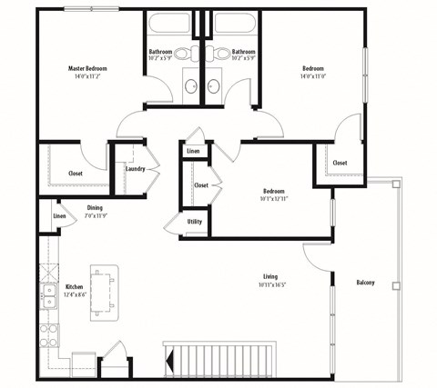 Floor plan for 3 beds, 2 baths, 1399 sqft